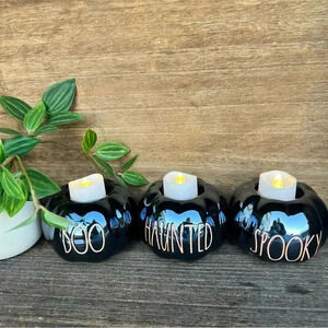 NEW Set of (3) Rae Dunn BOO/SPOOKY/HAUNTED Holders WITH the battery candles!